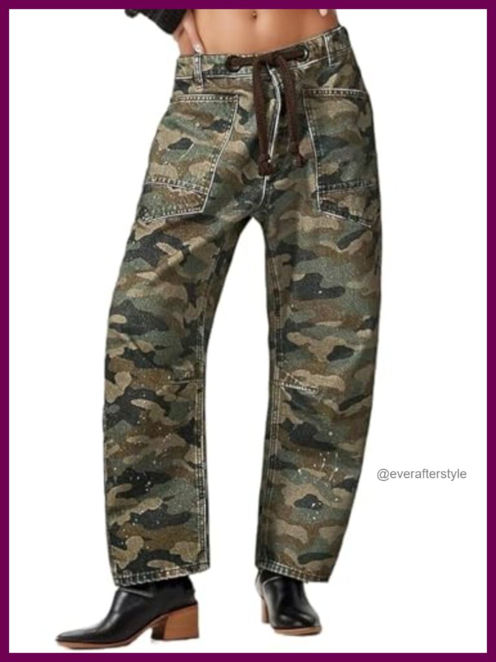 Women Baggy Camo Cargo Pants Barrel Jeans Mid Rise Drawstring Denim